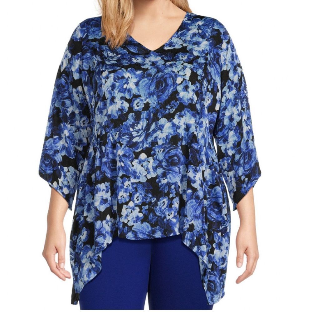 New Slim Factor by Investments Woman Royal Bouquet Asymmetrical Hem Top Size 1X